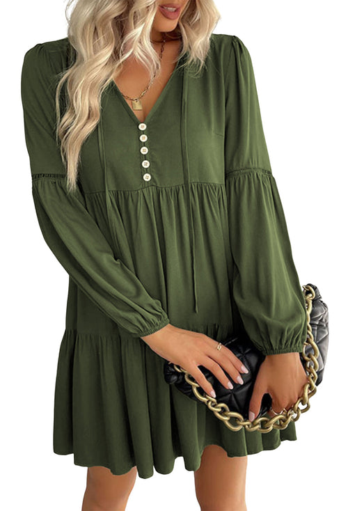 Lace Puff Sleeve Buttoned Tiered Ruffled Mini Dress